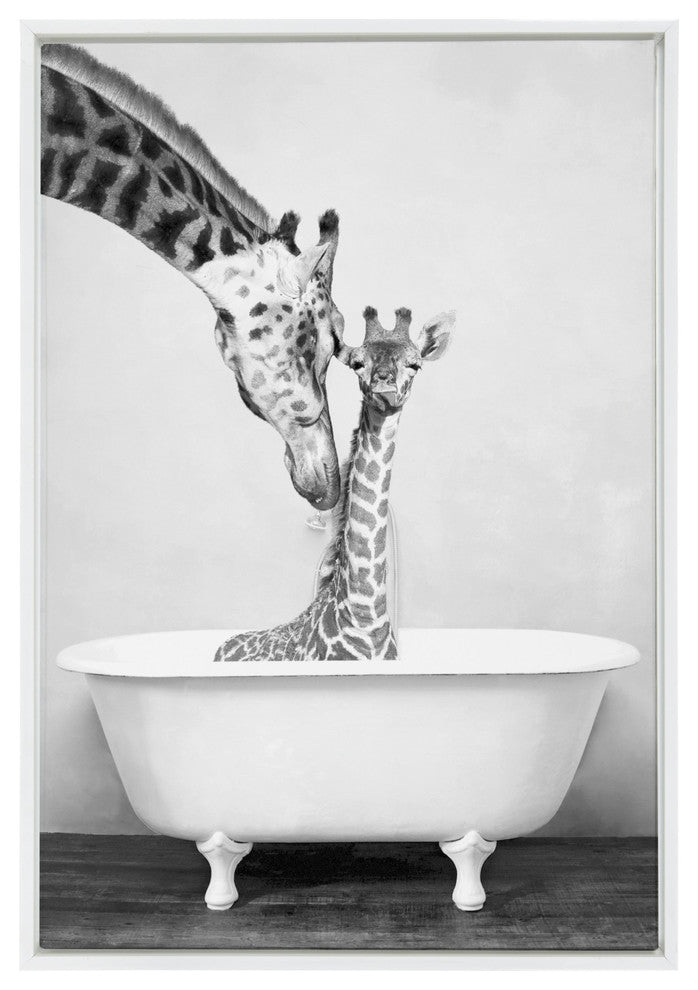 Sylvie Giraffe in Tub Framed Canvas by Amy Peterson, White 23x33
