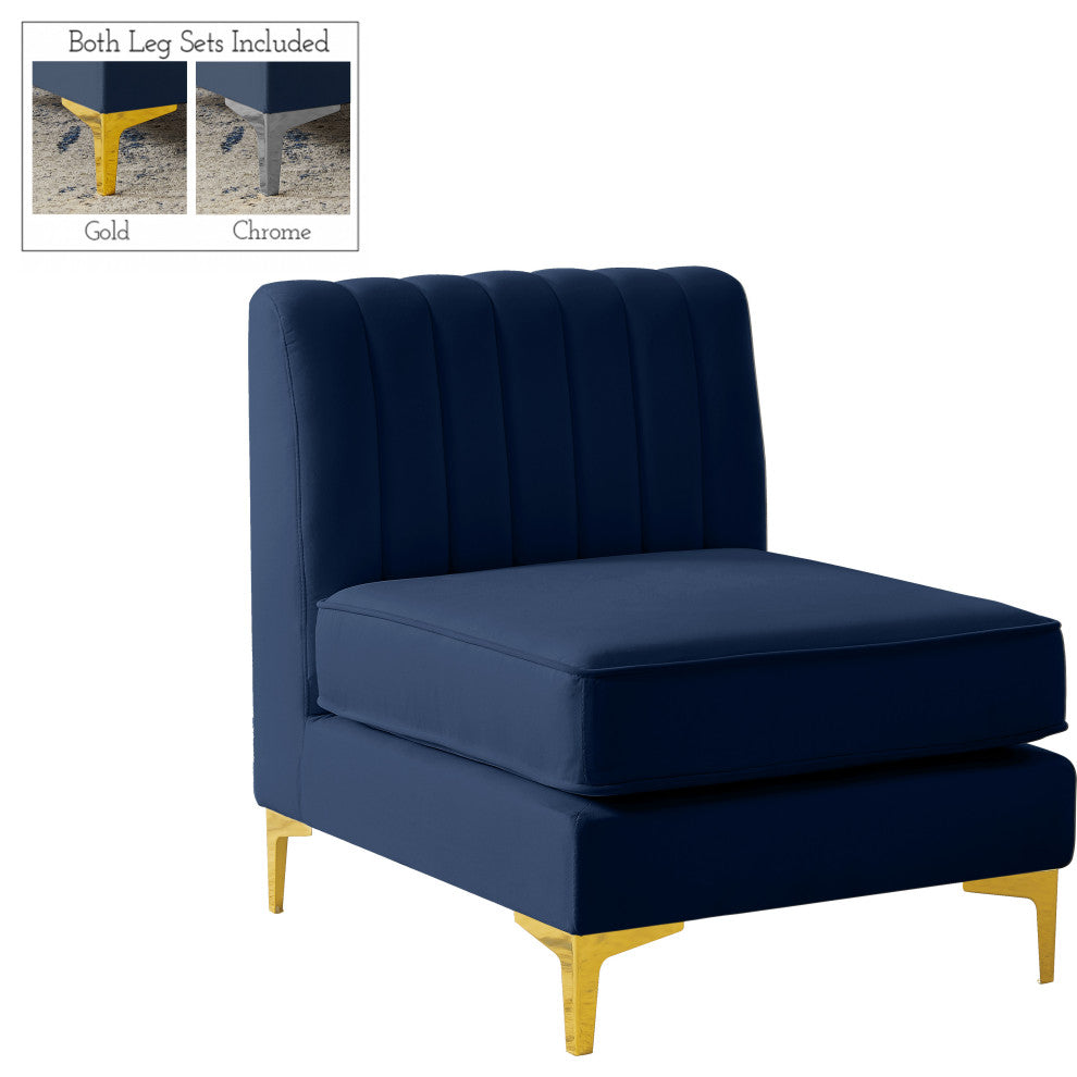Alina Velvet Upholstered Modular Armless Chair, Navy
