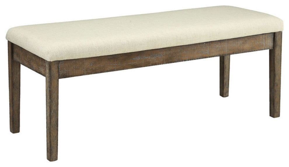 Beige Linen Dining Bench, Salvage Brown Finish