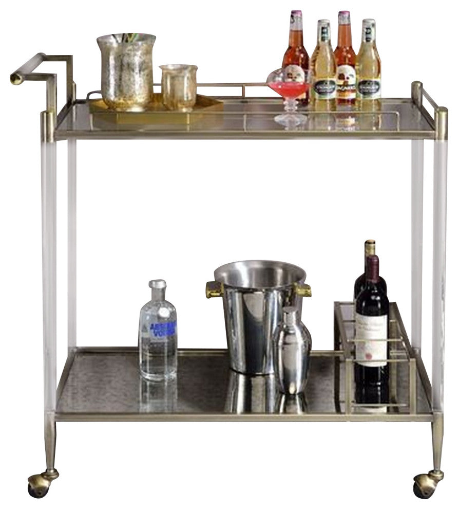 Benzara BM269070 2 Tier Serving Cart With Acrylic and Metal Frame, Brass