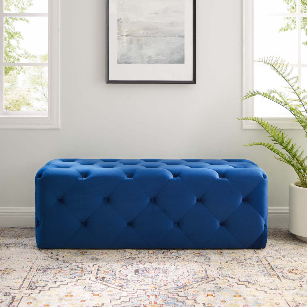 Tufted Accent Chair Bench, Velvet, Blue Navy, Modern, Living Lounge Hospitality