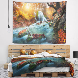 Fast Flowing Fall River in Forest Landscape Photography Wall Tapestry, 39"x32"