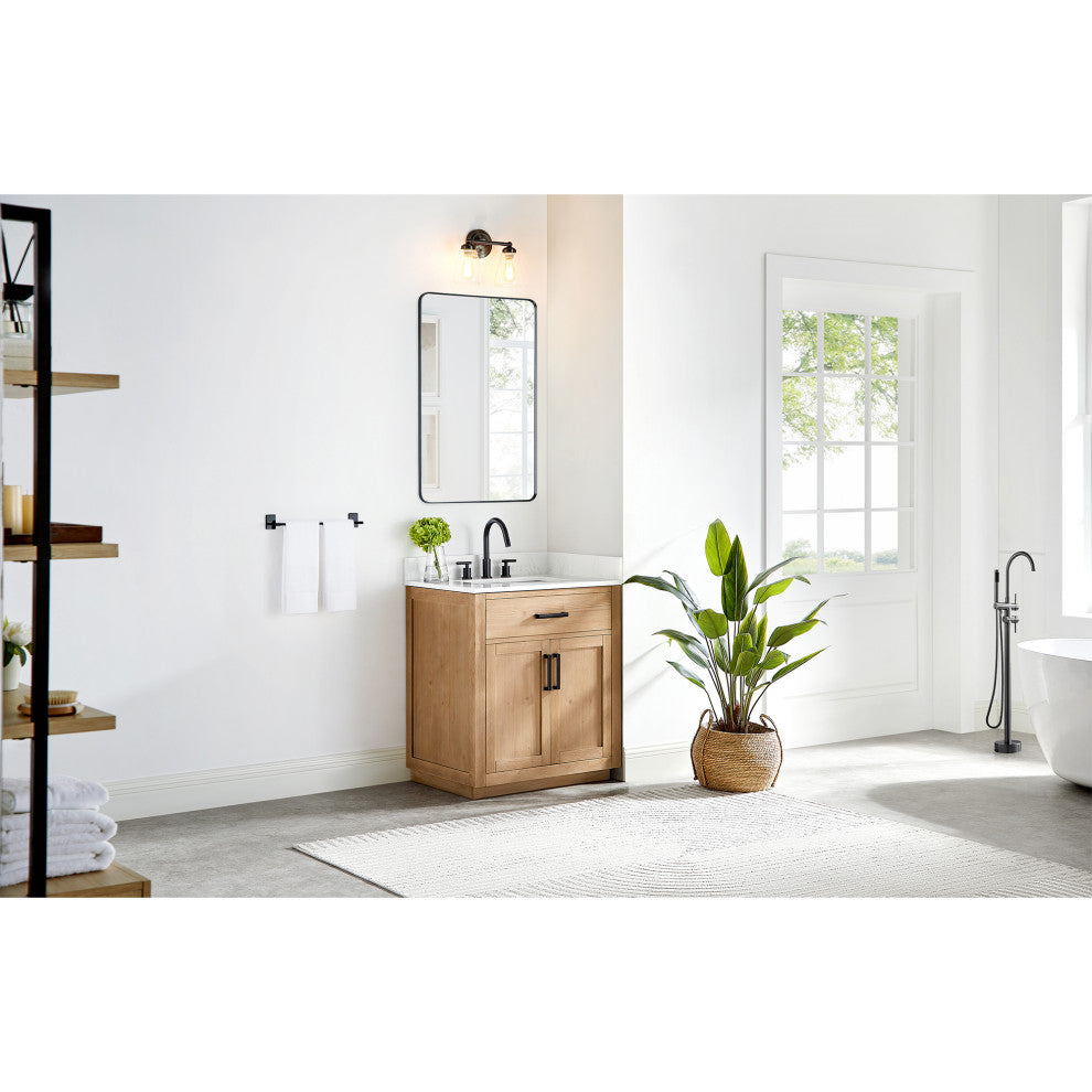 Gavino Vanity With Grain White Composite Stone Top, Light Brown/Matte Black, 30", With Mirror