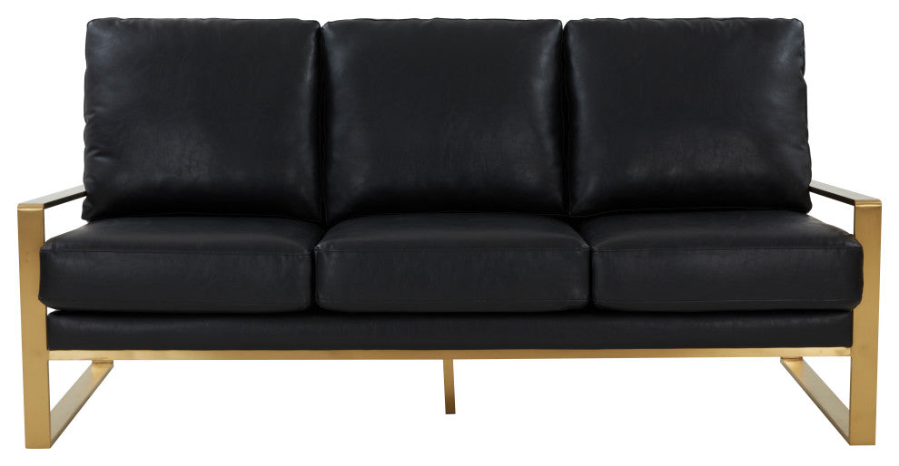LeisureMod Jefferson Modern Design Faux Leather Sofa With Gold Frame, Black