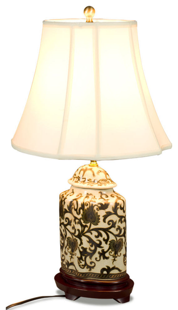 Black and Gold Floral Vine Motif Asian Porcelain Lamp