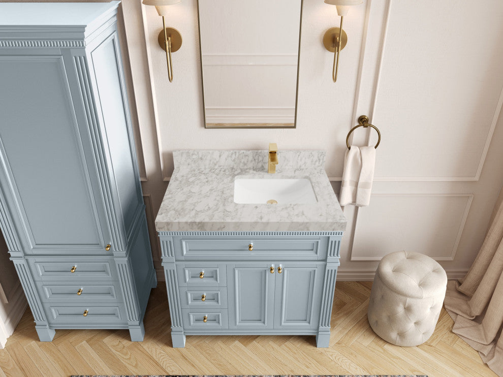 Paris 36" Right Offset Bathroom Vanity, Blue Heather 2" Carrara Marble