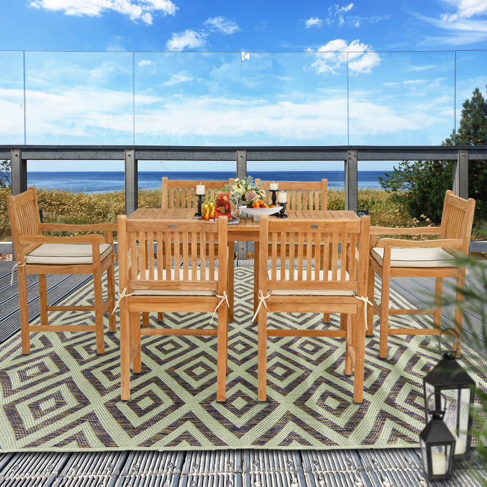 7 Piece Teak Elzas 63" Rect Bistro Counter Set, 6 Counter Stools, Arms