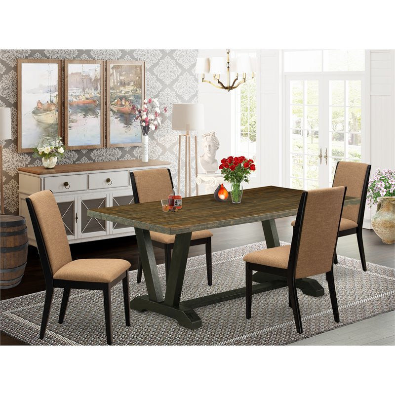 V677La147-5, 5-Piece Dining Set Table and 4 Padded Chairs, Wire Brushed Black