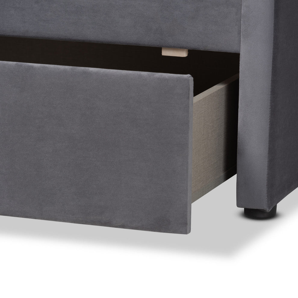 Basanti Grey Velvet Fabric Upholstered Full Size 2-Drawer Daybed