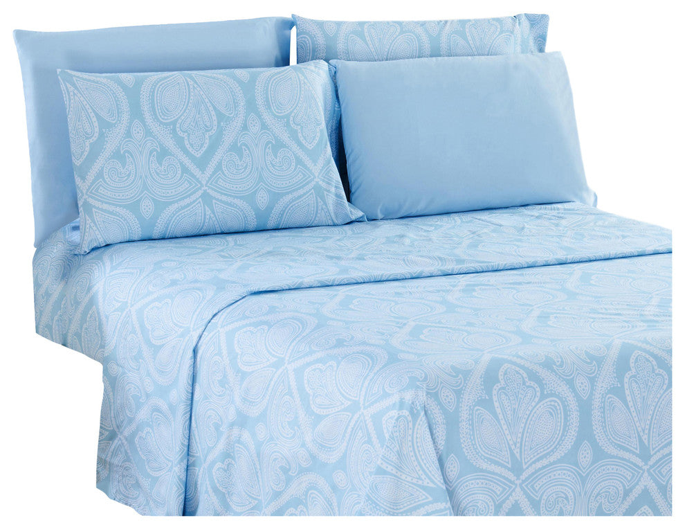 6 Piece: Luxury Paisley Printed Bed Sheet set, Twin 4 Piece, Blue, Queen