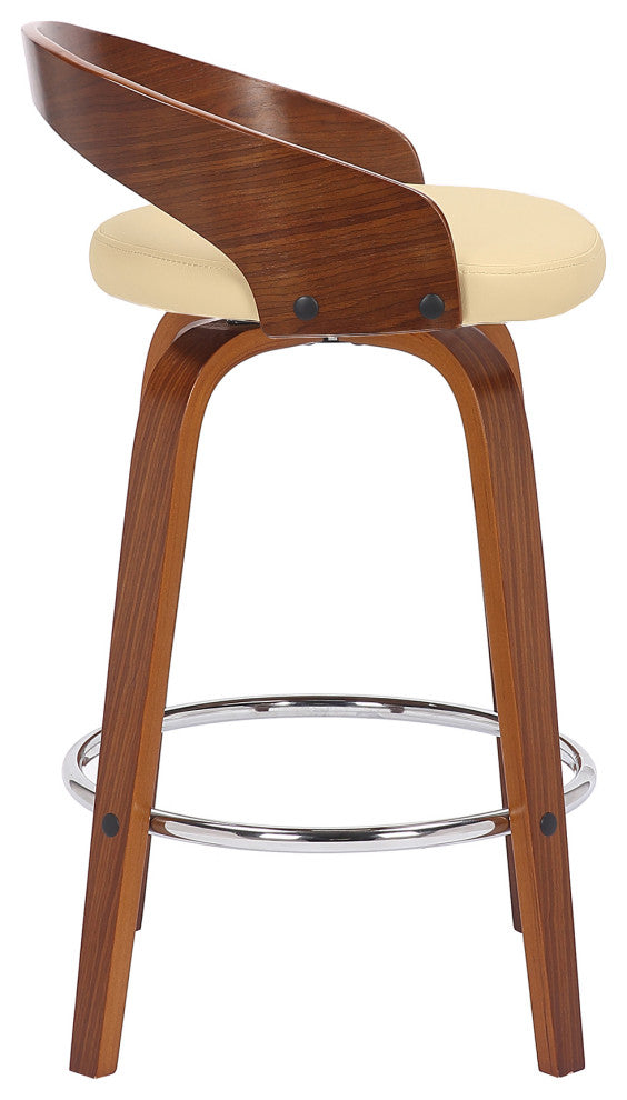 Sonia Swivel Faux Leather and Wood Stool, Cream/Walnut, Counter Height 26"