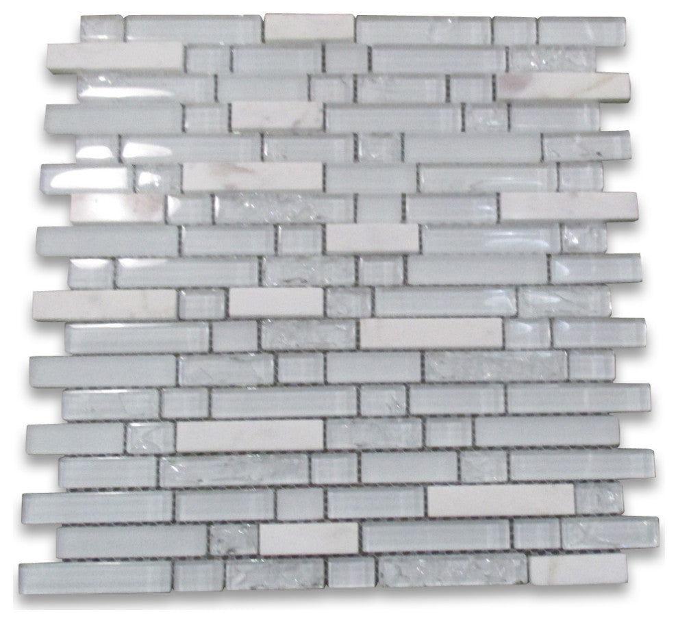 Glass Mosaic Tile White and Crackled Glass Mix White Marble Brick, 1 sheet