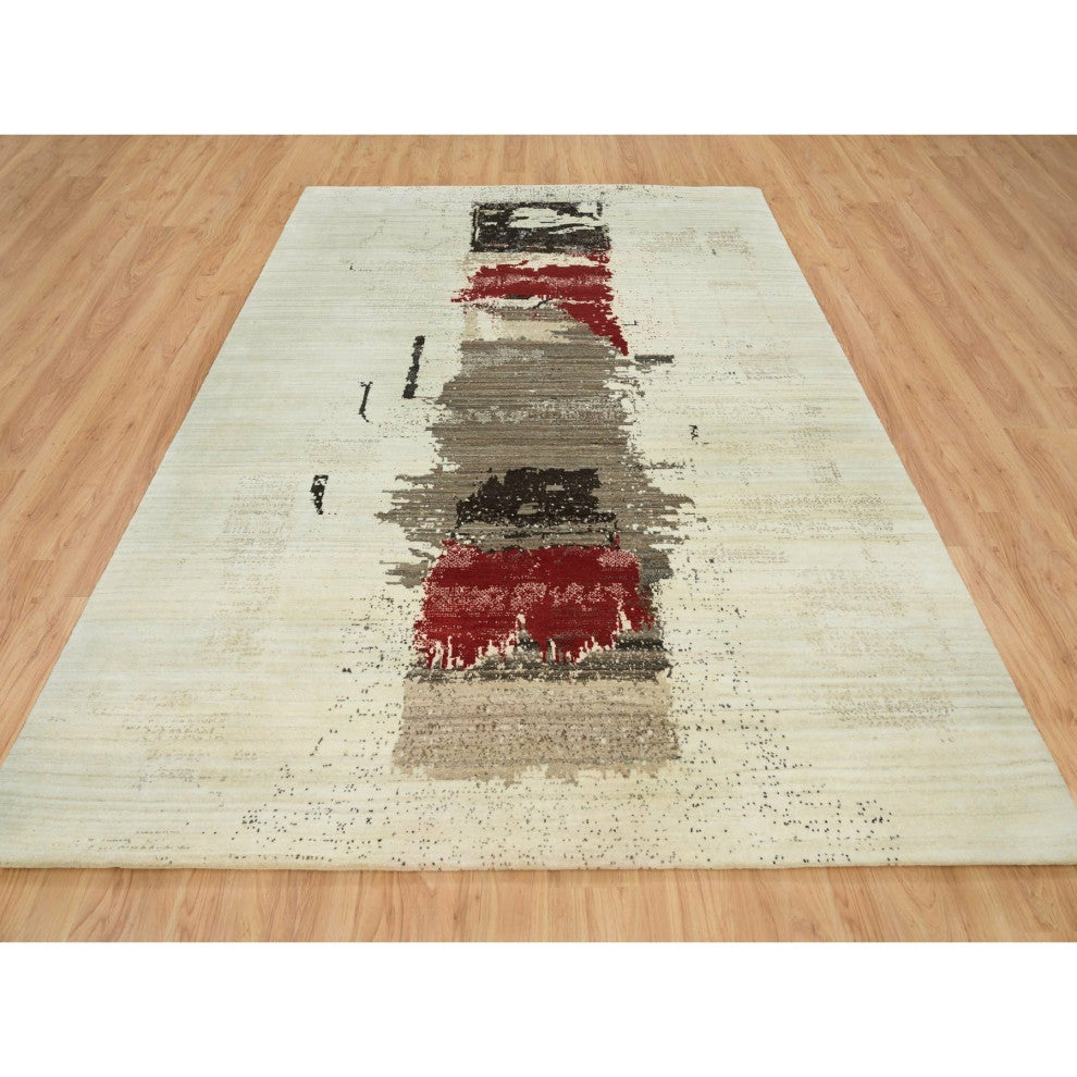 Parchment White Hand Knotted Lori Buft Gabbeh Wool Oriental Rug, 8'3"x11'3"
