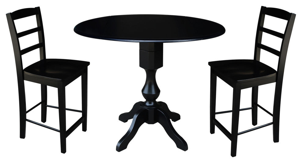 42" Round Pedestal Gathering Height Table with 2 Counter Height Stools, Black