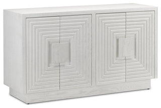 Front-facing dual-door cabinet with geometric square paneling on white background.