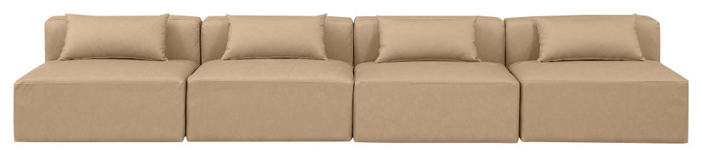 Cube Upholstered Modular Sofa, Tan, 4-Piece: 4 Armless Chair, Vegan Leather