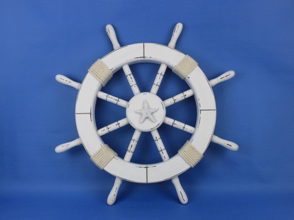 Rustic White Ship Wheel with Starfish 18', Starfish Decoration