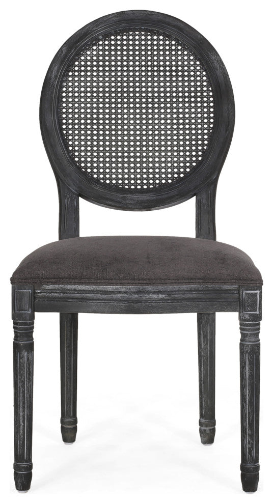 Mores French Country Upholstered Wood and Rattan 5-Piece Circular Dining Set, Gray, Fabric