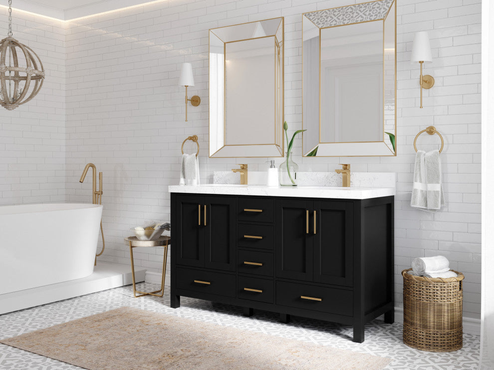Malibu 60 Double Sink Bathroom Vanity in Black 2" Calacatta Black