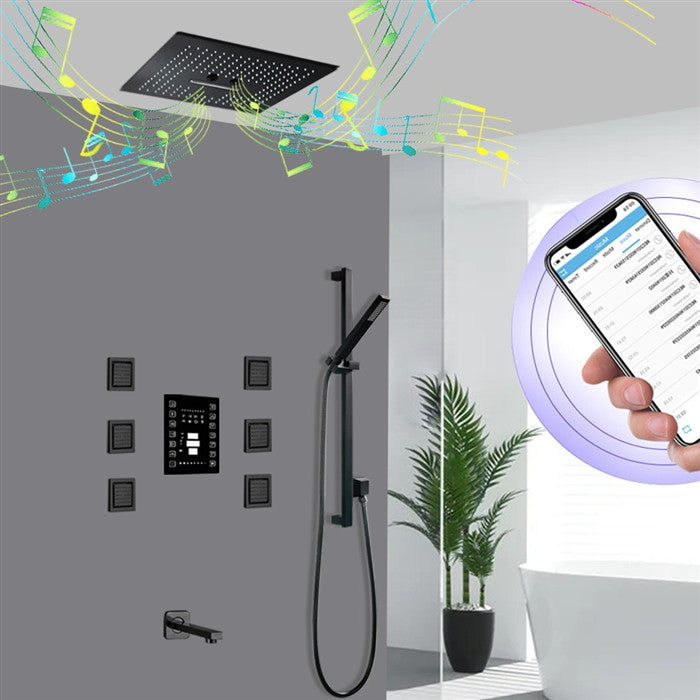 Led 16" Matte Black LED Remote Controlled Rainfall Shower System, 6 Body Jets