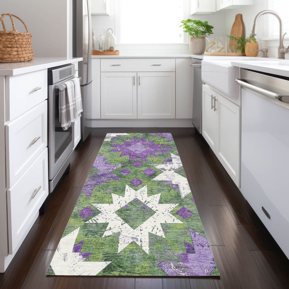 Machine Washable Indoor/Outdoor Chantille ACN1879 Green 2'3" x 7'6" Runner Rug