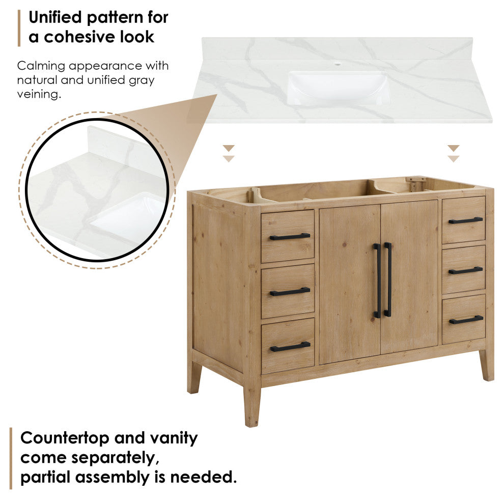 Laurel Bathroom Vanity with Calacatta White Quartz Stone Countertop, Weathered Fir, 48", With Mirror