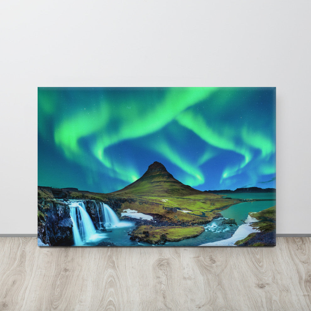 Winter Mountain Northern Lights Landscape Photo Canvas Wall Art Prints, 24" X 36"