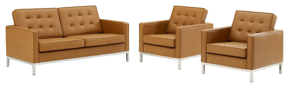 Tufted Armchair and Loveseat Sofa Set, Faux Leather, Silver Tan, Modern, Lounge