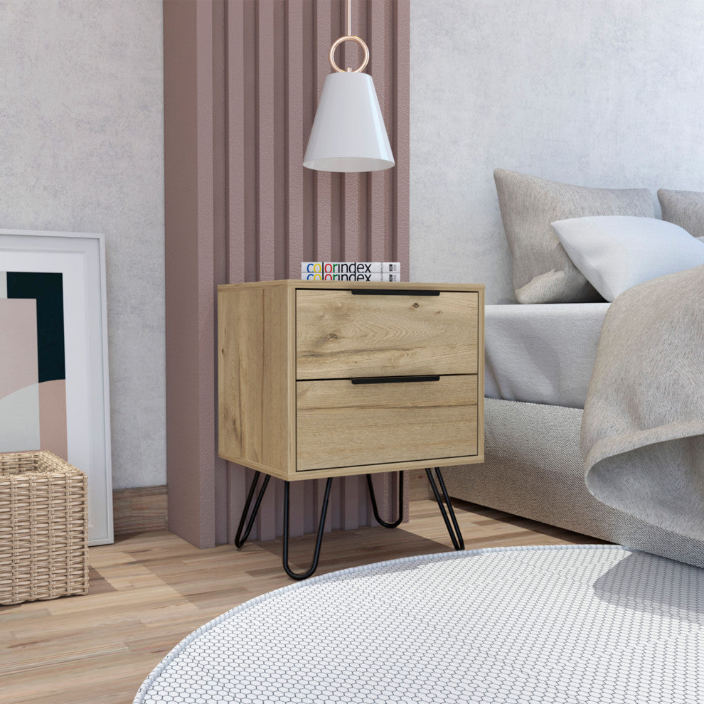 Nuvo 22-inch Tall Nightstand, 2 Drawers, and Hairpin Legs, Light Oak