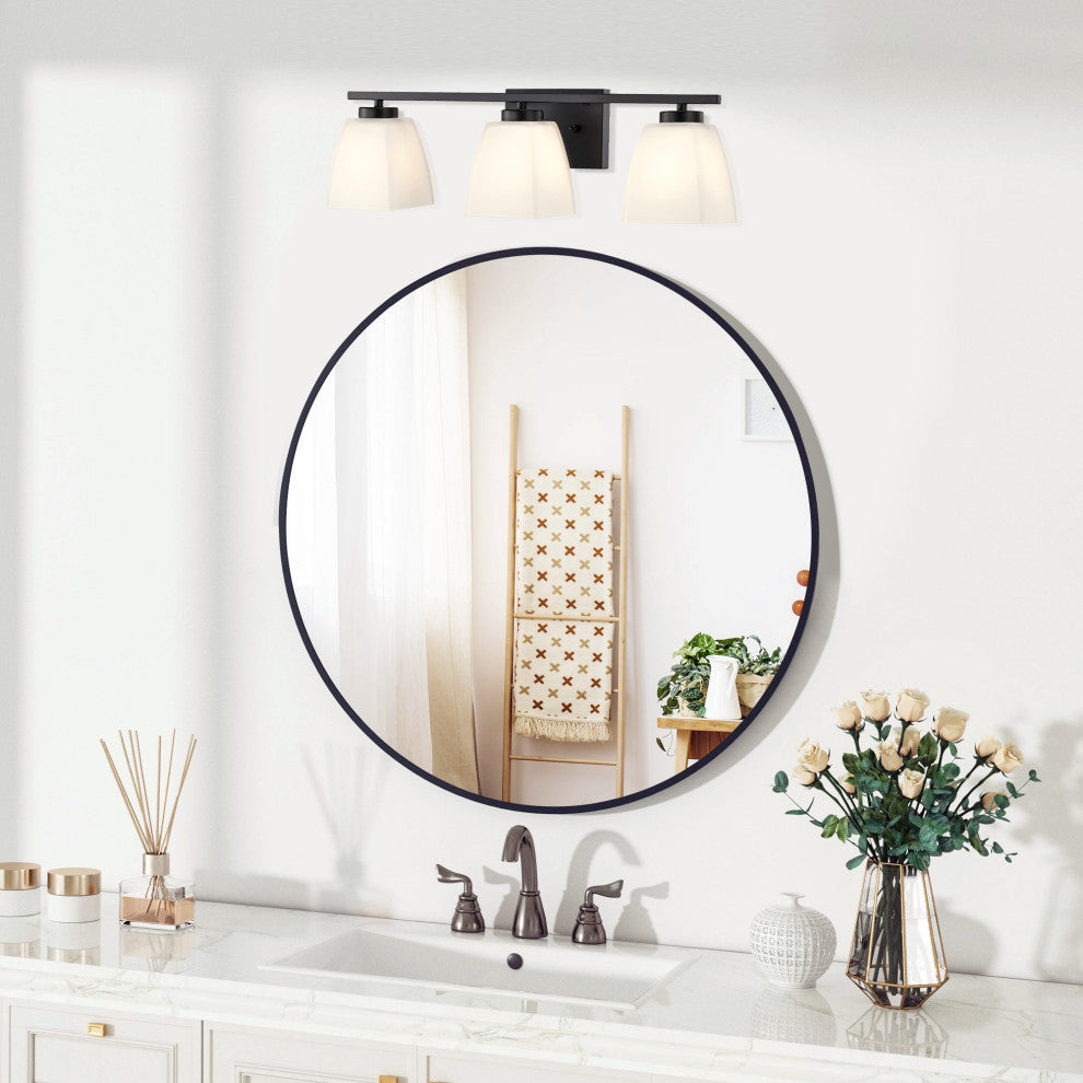 22 in. 3-Light Matte Black Vanity Light With Square Etched White Glass Shades