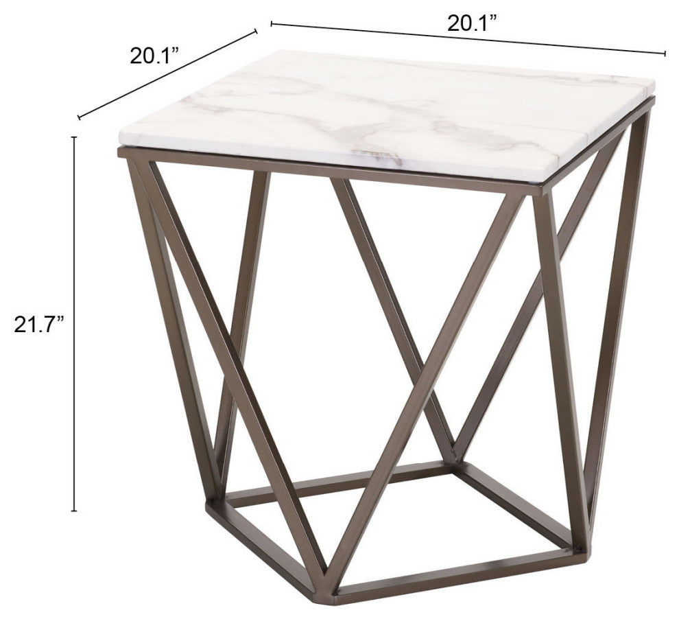 Sofa Side Table, Square, Artificial Marble, Sttel Metal, White, Antique Brass