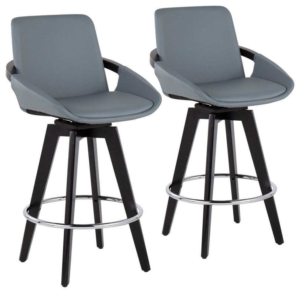 Cosmo Swivel Fixed-Height Counter Stool, Set of 2, Black Wood/Chrome/Gray PU