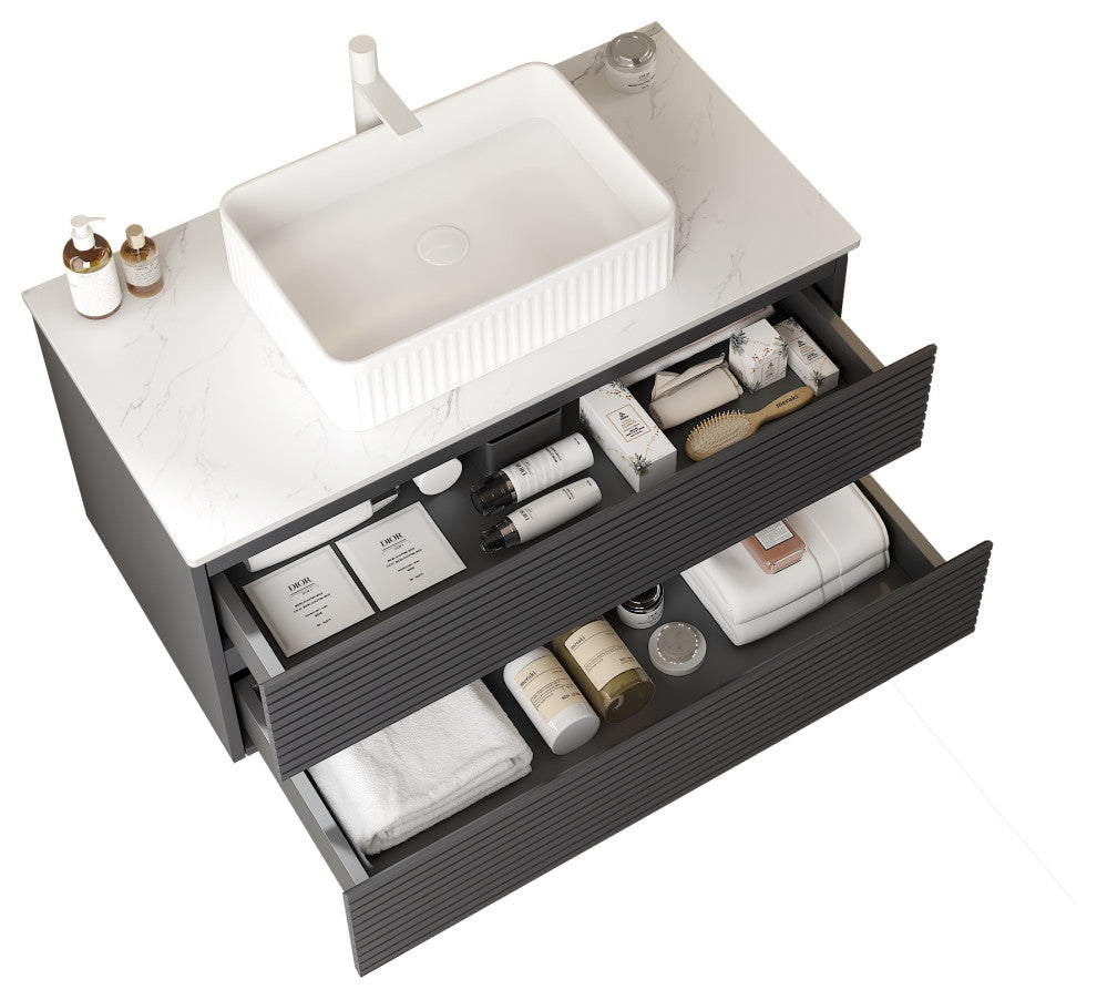 Modern Wall-Mounted Plywood Bathroom Cabinet with White Ceramic Basin, 36"