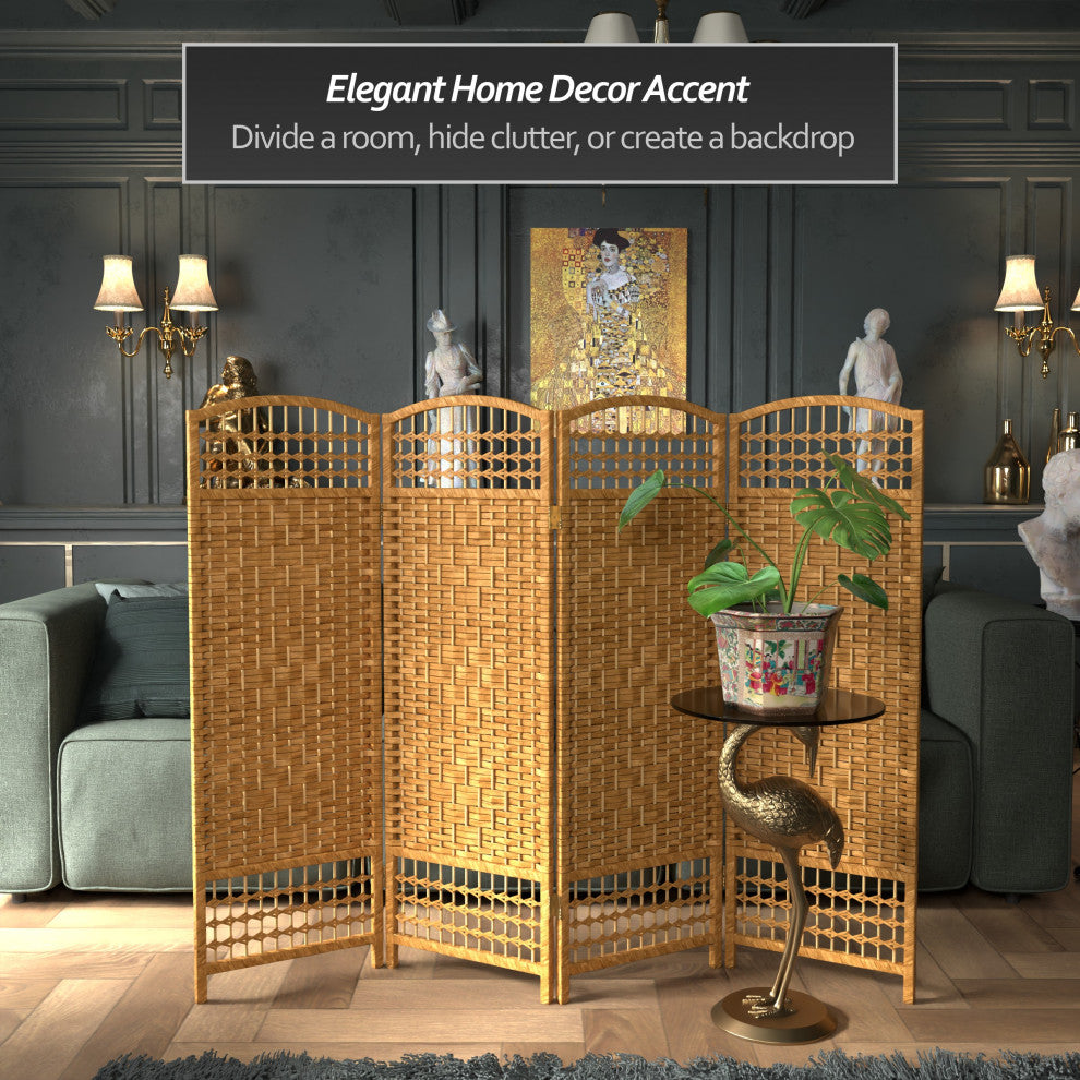 4' Tall Fiber Weave Room Divider, Light Beige, 4 Panels