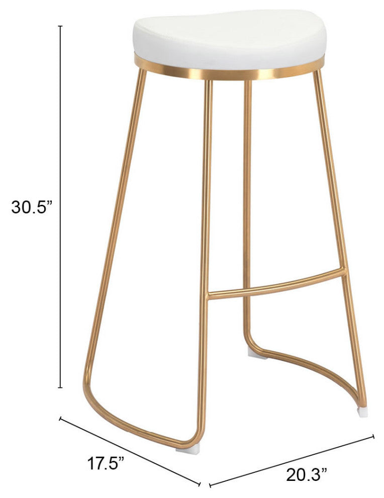 Bar Stool Chair Barstool, Set of 2, Faux Vinyl Leather, Steel, White, Gold