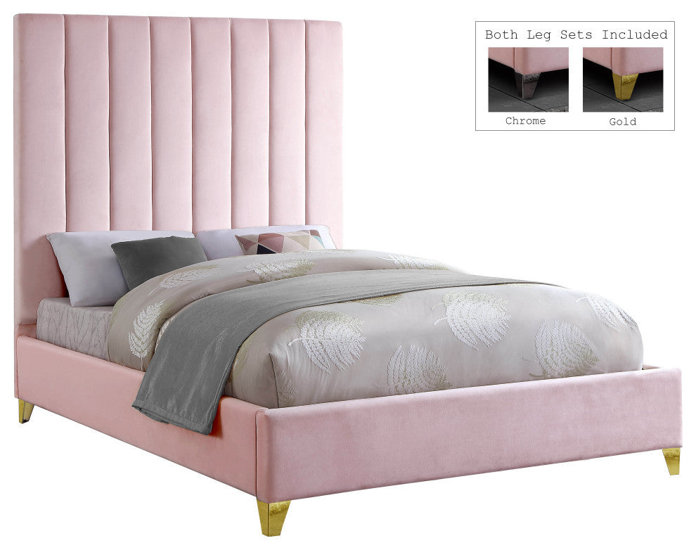 Via Velvet Upholstered Bed, Pink, King