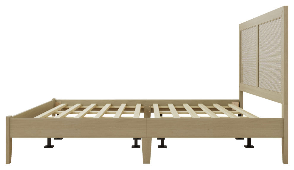 Gdf Studio Mid-century Solid Wood Platform Bed With Rattan Headboard