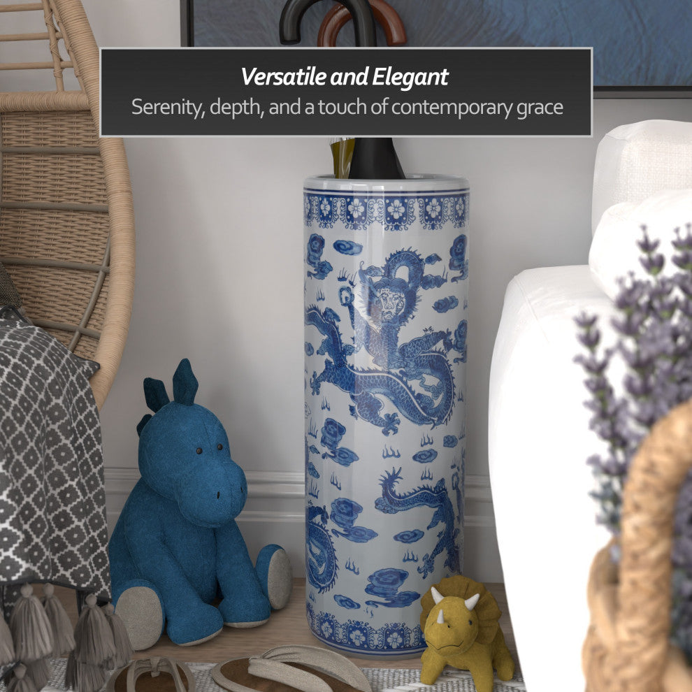 24" Dragon Blue and White Porcelain Umbrella Stand