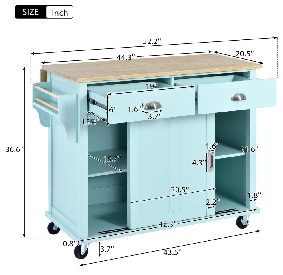 TATEUS Cambridge Solid Wood Top Kitchen Island, Blue