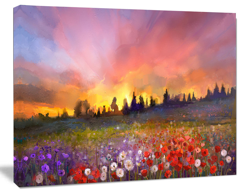 Field of Poppy Dandelion and Daisy, Large Floral Canvas Artwork, 40"x30"
