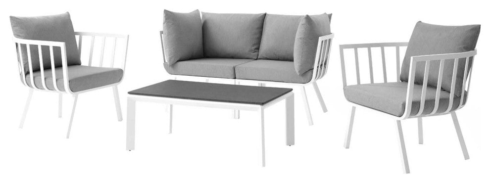Lounge Sectional Sofa Chair Set, Aluminum, Metal, White Gray, Outdoor