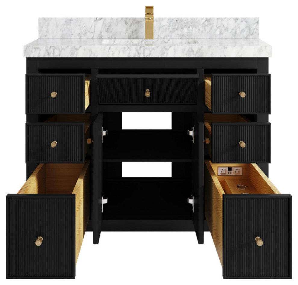 Sonoma 42 Single Sink Reeded Bath Vanity in Black 2" Carrara Marble
