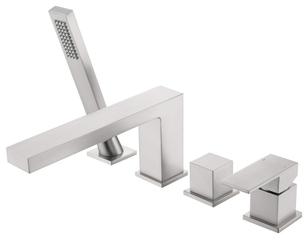 Cube Deck Mounted Bathtub Faucet With Hand Shower, Brushed Nickel