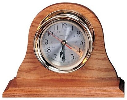 7.5" Polished Brass Quartz Clock With Oak Wood Base