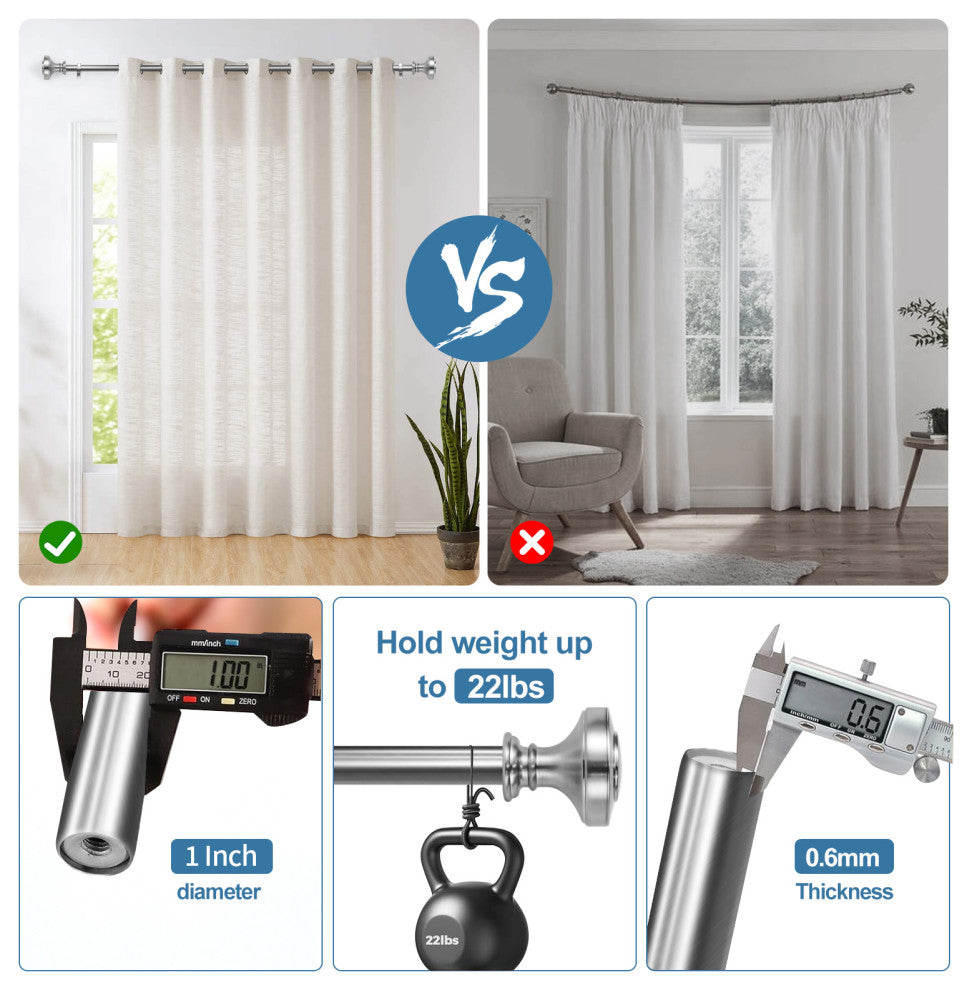 1" Semplice Drapery Curtain Rod, Brushed Steel, 84"-120"