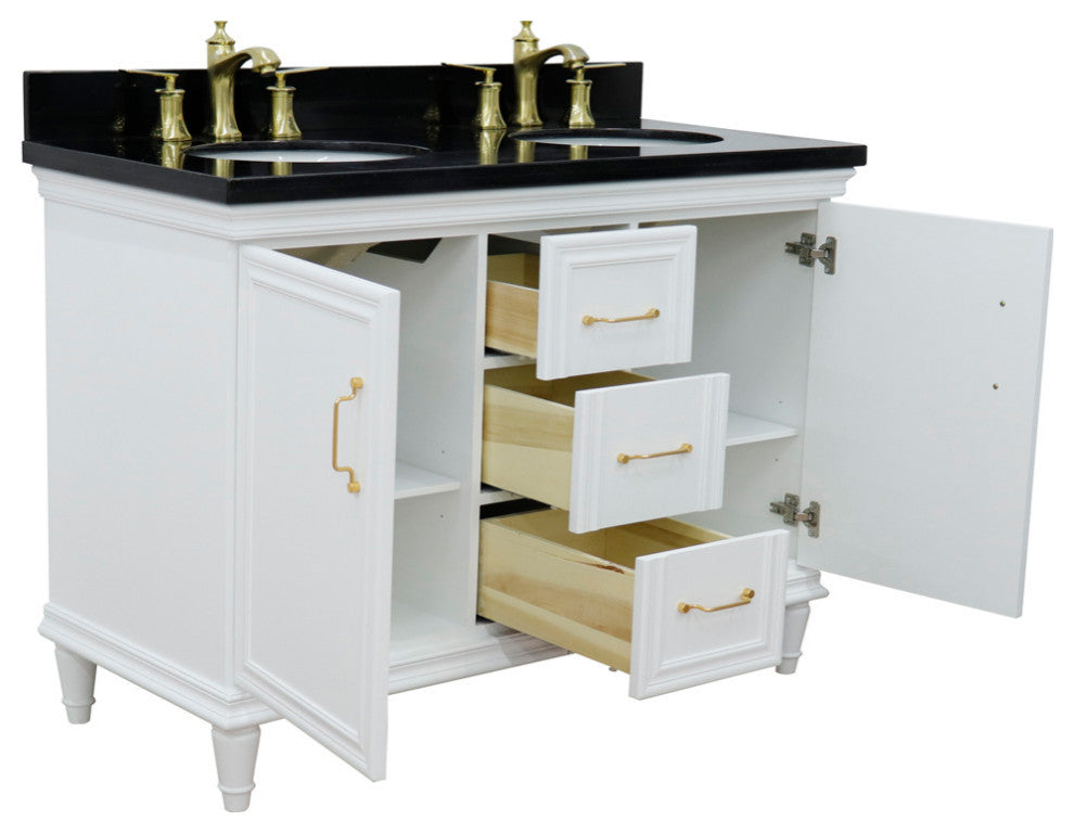 49" Double Vanity, White Finish With Black Galaxy And Oval Sink