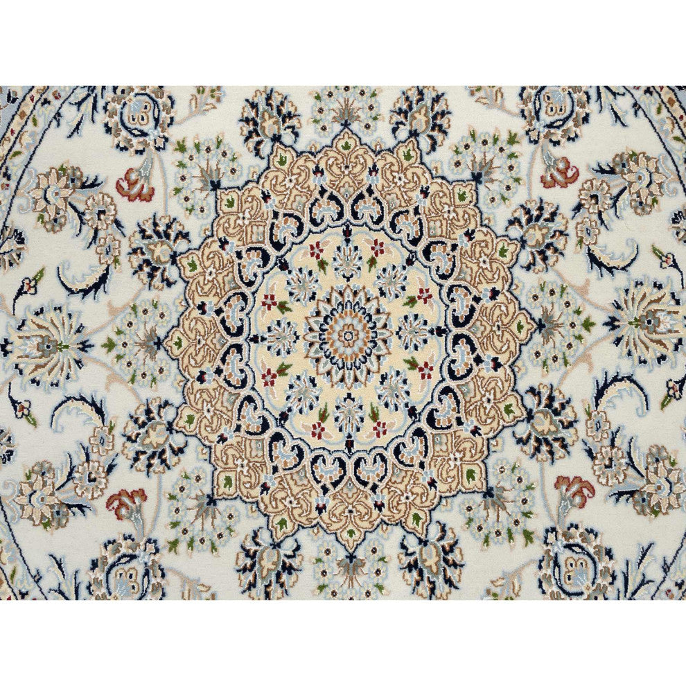 Ivory Nain With Flower Medallion Design Wool and Silk Hand Knotted Rug, 6'x6'