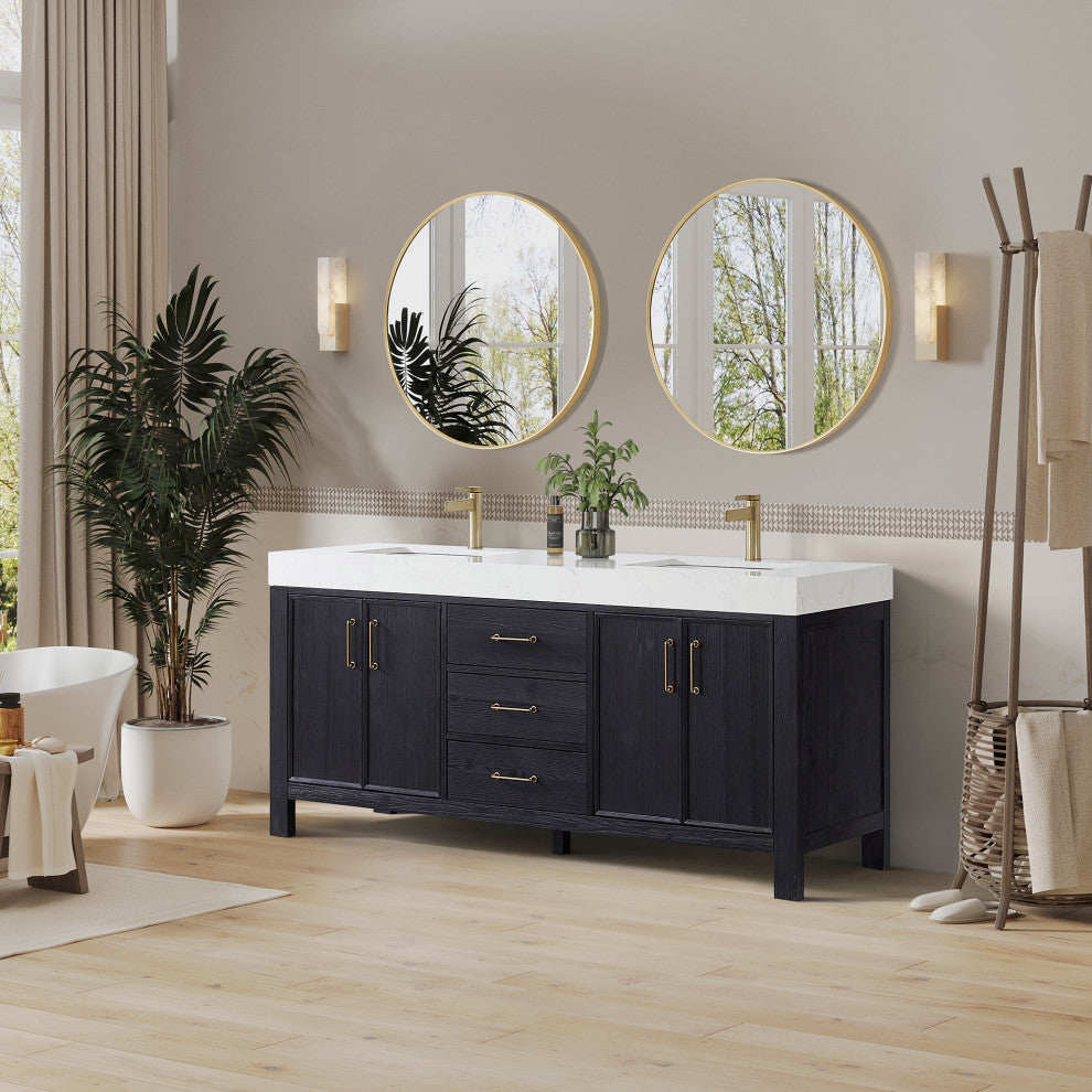 Leon Bath Vanity With Composite Stone Top, Fir Wood Black, 72", With Mirror