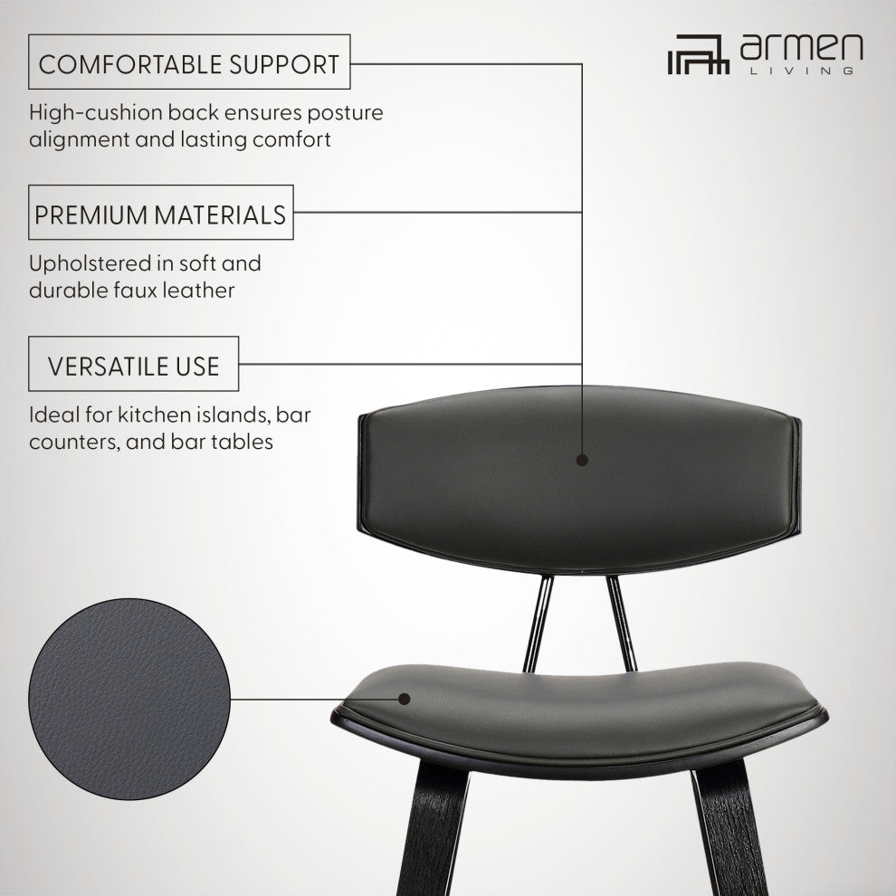 Fox 28.5" Mid-Century Bar Height Barstool, Gray Faux Leather