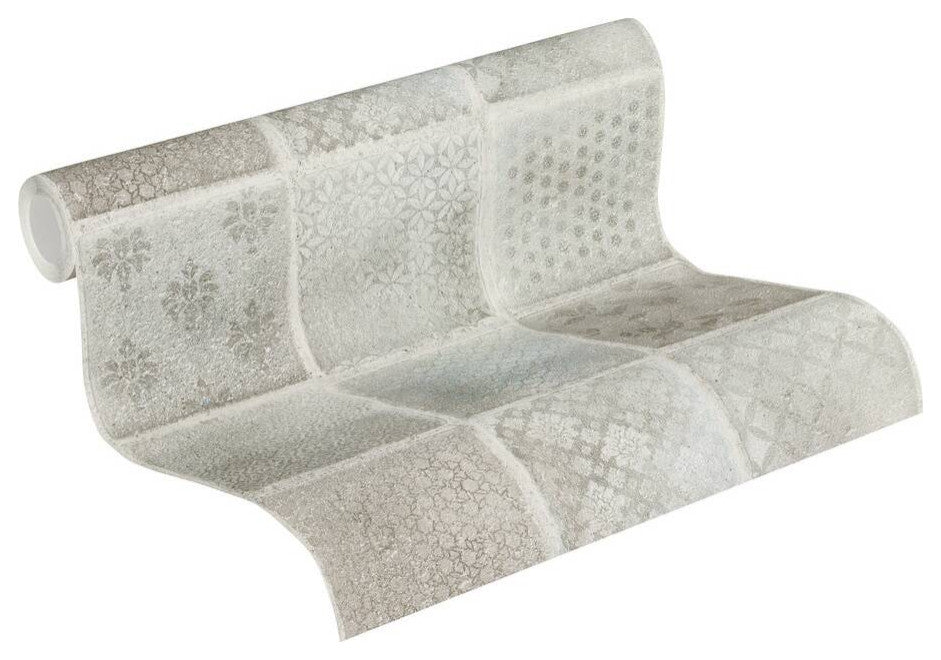 Textured Wallpaper, Flower Ornaments, Brown Gren Silver, 1 Roll